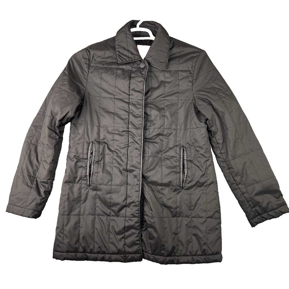 Cole Haan Womens Quilted Jacket Black Zip Up Insulated Leather Trim Collar M